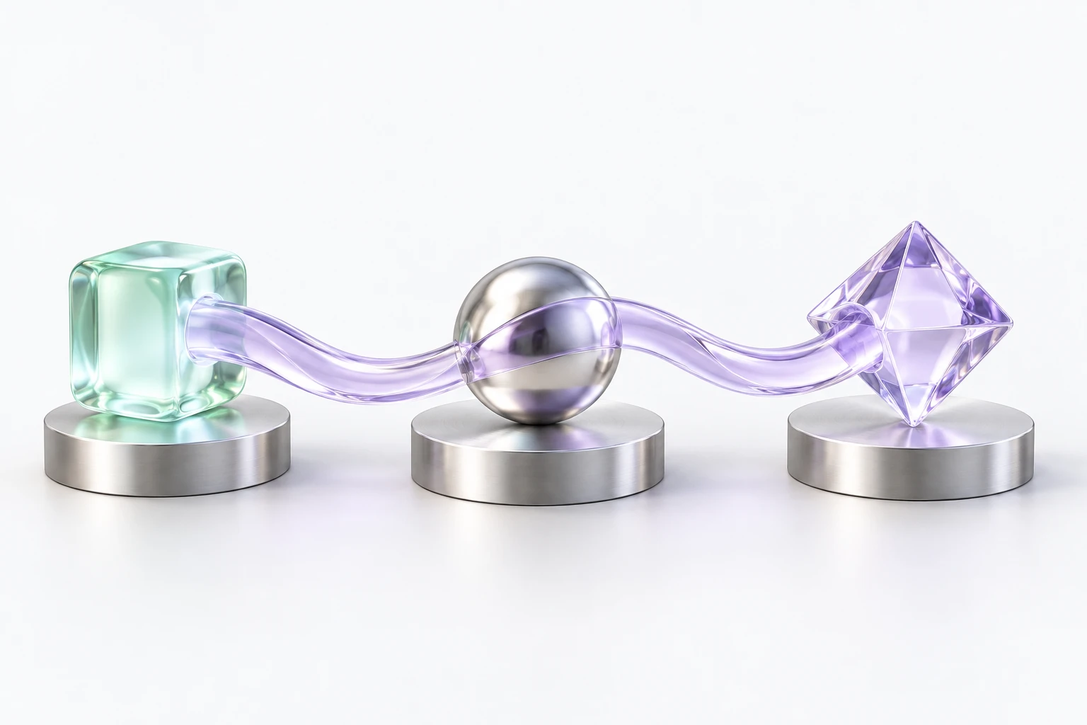 Mint glass, silver, and lavender sculptures joined by a flowing glass bridge